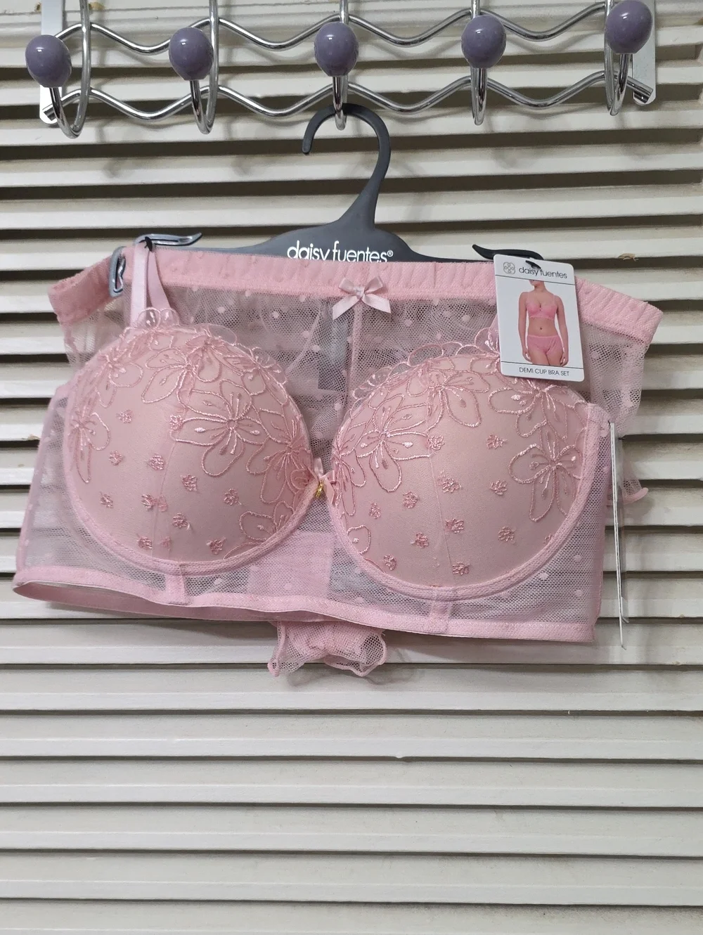 Daisy Fuentes Pastel Pink Embroidered Demi Bra & Mesh Band Set